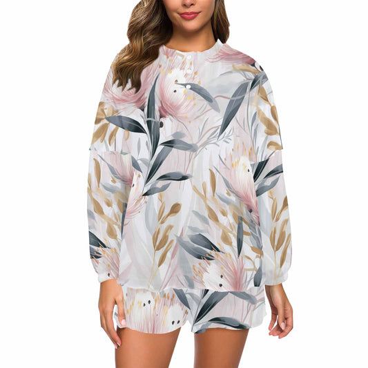 Australian Floral Pink & Grey  Women's Long Sleeve Pajama Set with Shorts