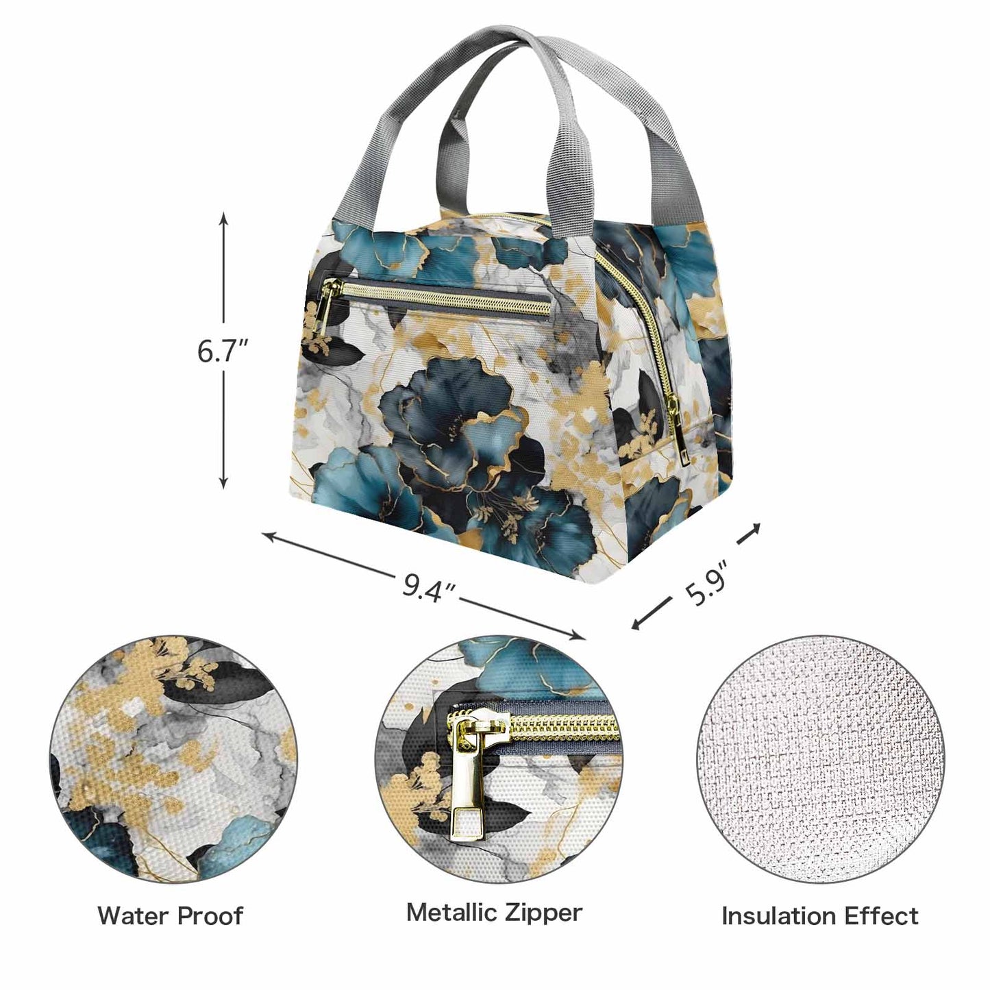 Blue & Gold Ink Floral  Portable Lunch Bag-Grey Handle