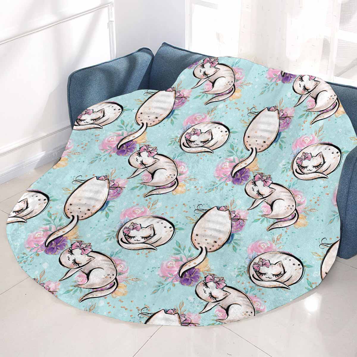 Blue Cats  Circular Micro Fleece Blanket 47"