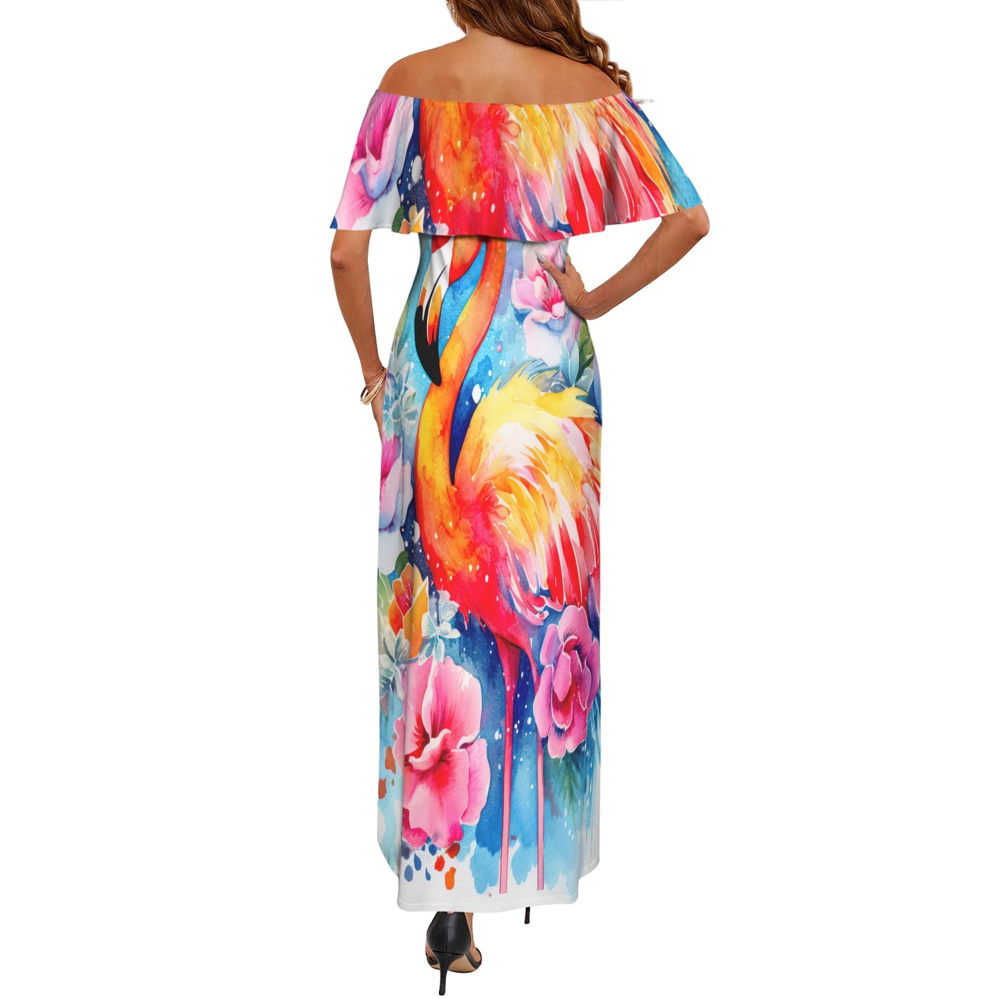 Flamingo awd242 Women's Off Shoulder Ruffle Boat Neck Dress (Model D71)