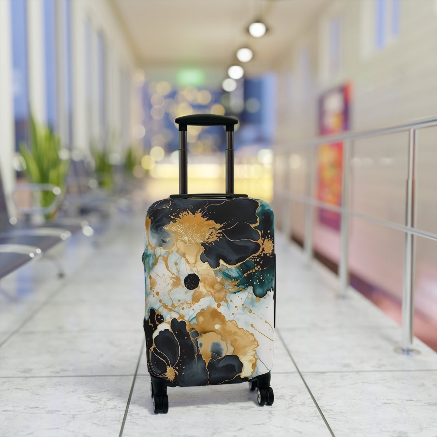 Luggage Cover, Alcohol Ink Black, Green and Gold Floral