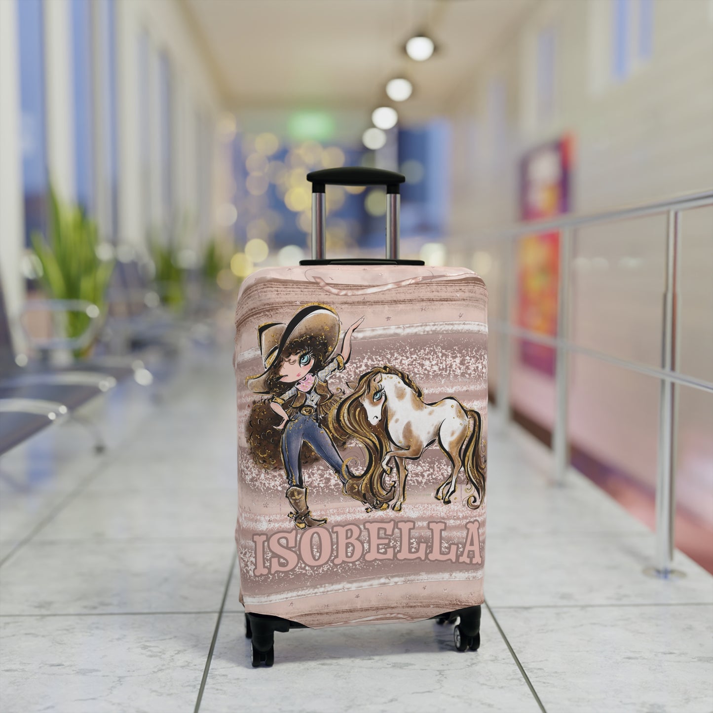 Luggage Cover, Howdy Cowgirl and Horse, Brunette Curly Hair Blue Eyes