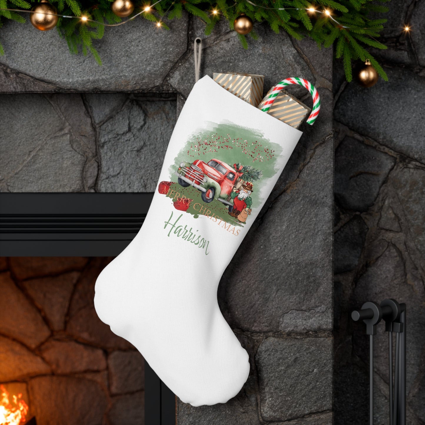 Personalised Santa Stocking, Sage Christmas Country Truck