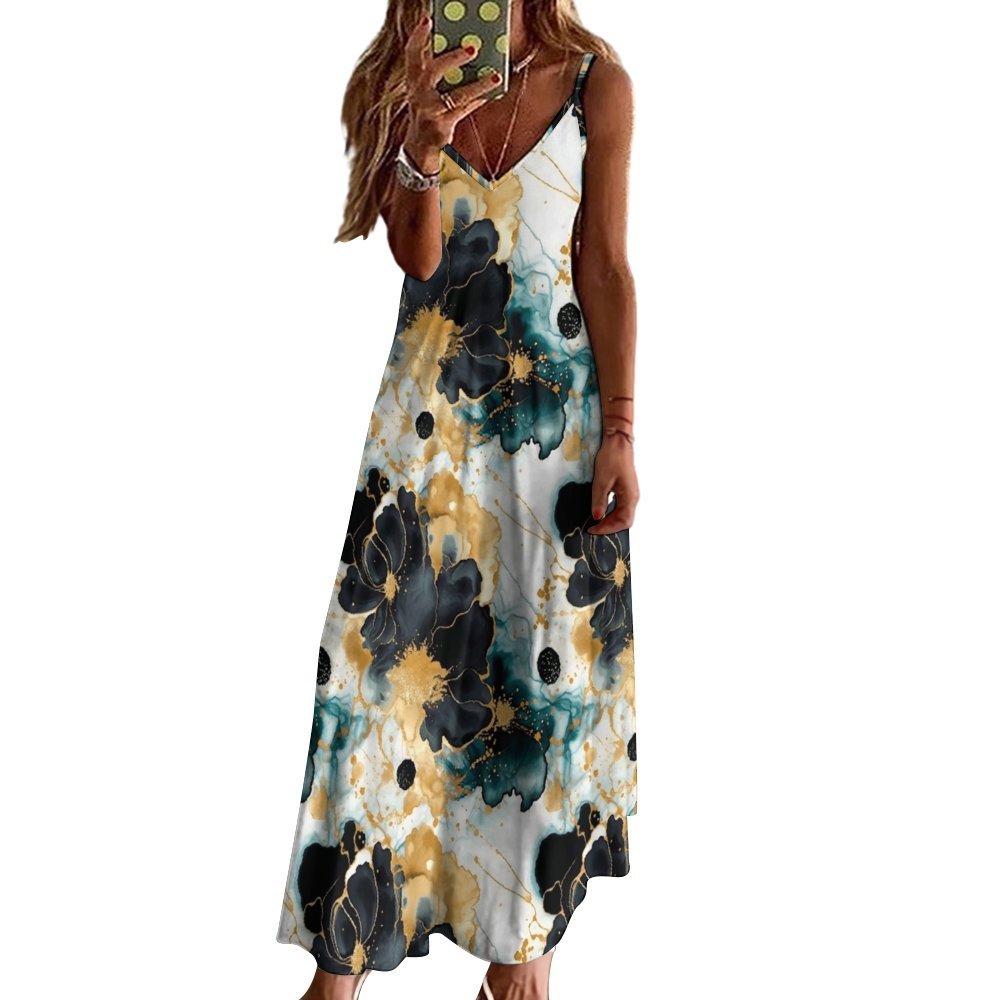 Alcohol Ink Floral Spaghetti Strap Ankle-Length Dress Long dress