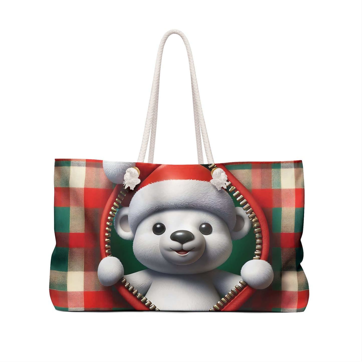 Personalised/Non-Personalised Weekender Bag, Cute Bear, Christmas, Tartan, Large Weekender Bag, Beach Bag, Book Bag