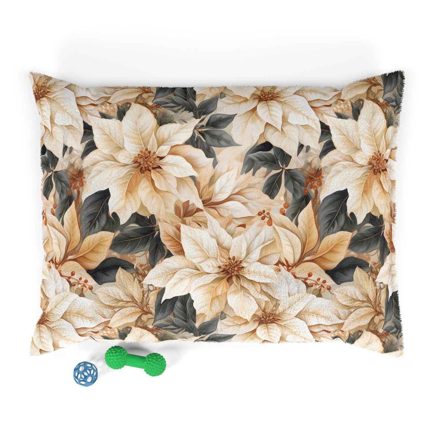 Luxury Pet Bed, feather soft fleece, Cream Poinsettia