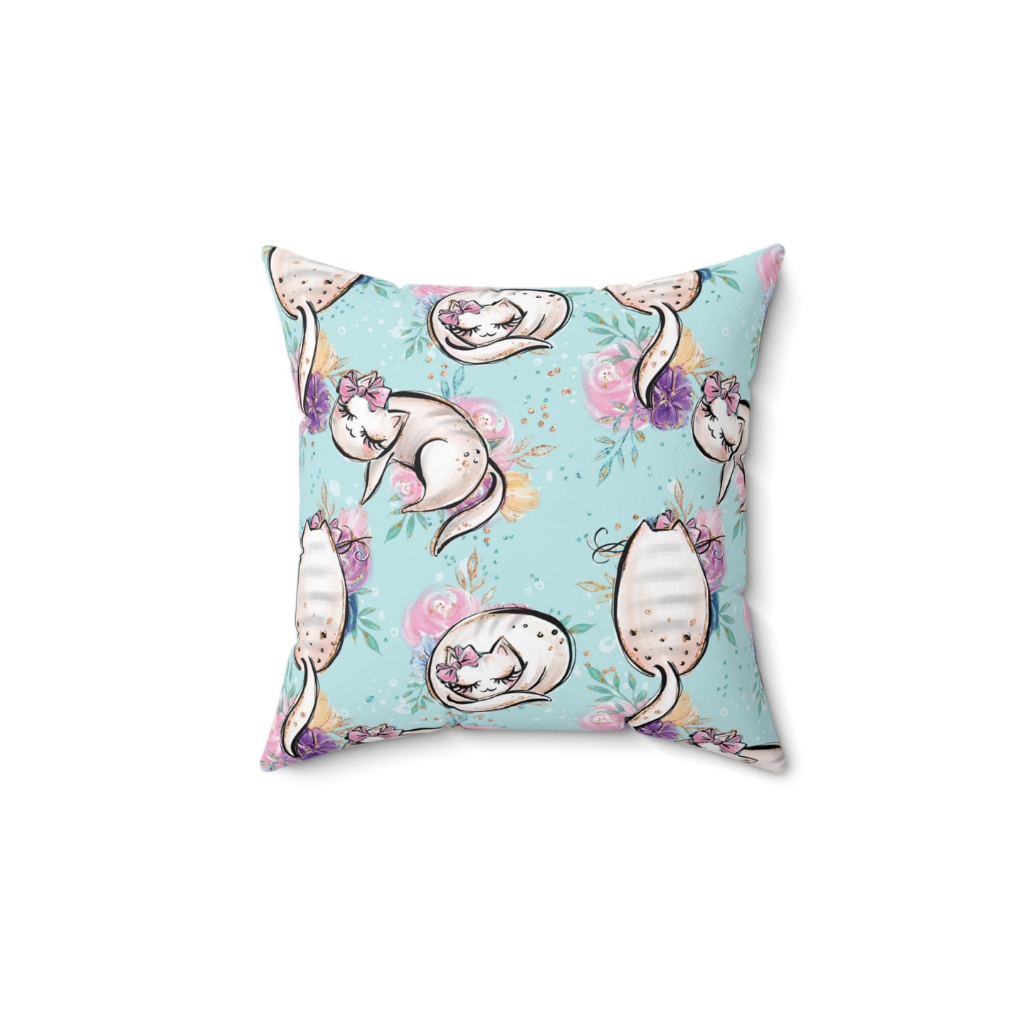 Spun Polyester Square Pillow, Cats Floral Cushion