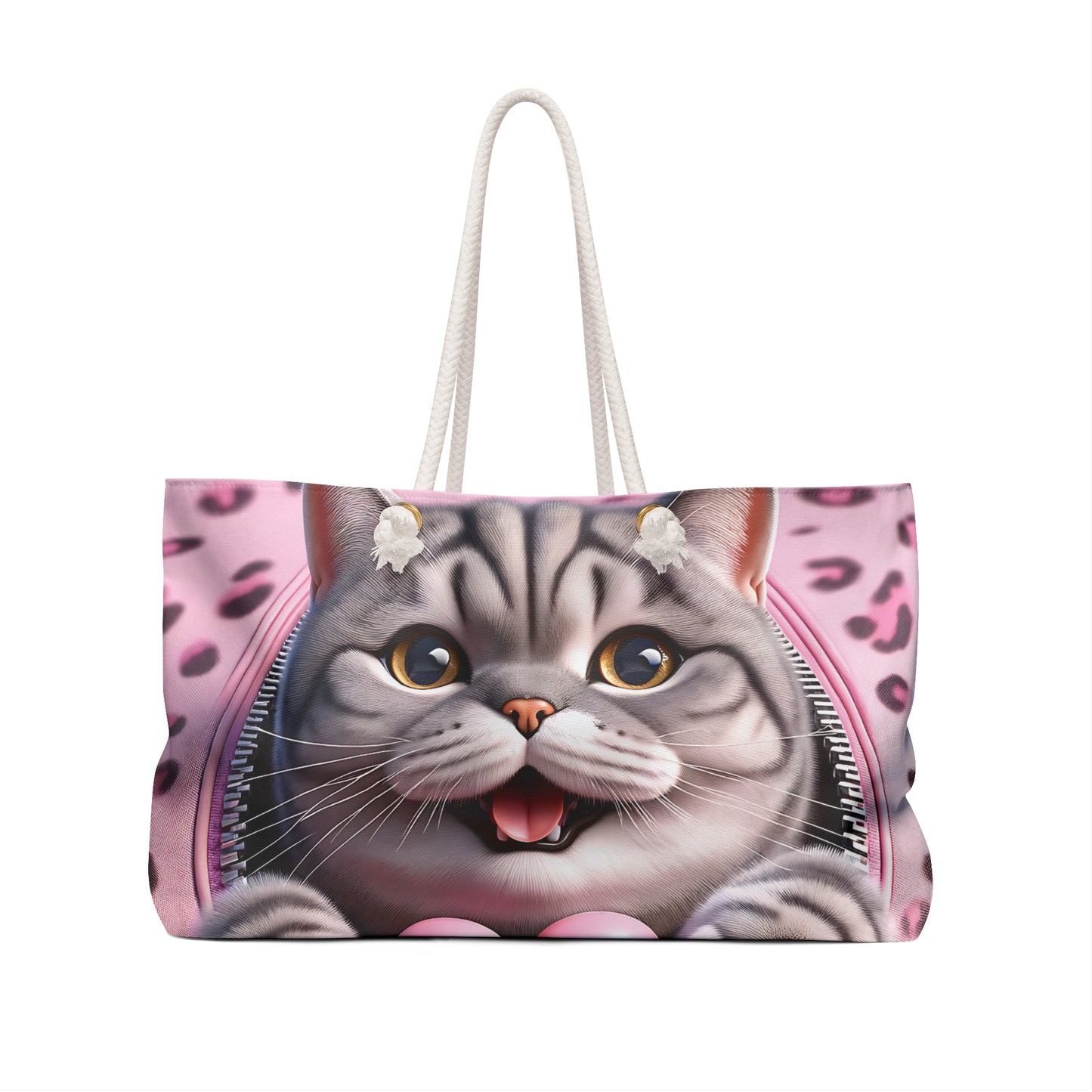 Personalised/Non-Personalised Weekender Bag, Cute Cat, Zipper, Valentines Day, Large Weekender Bag, Beach Bag, Book Bag