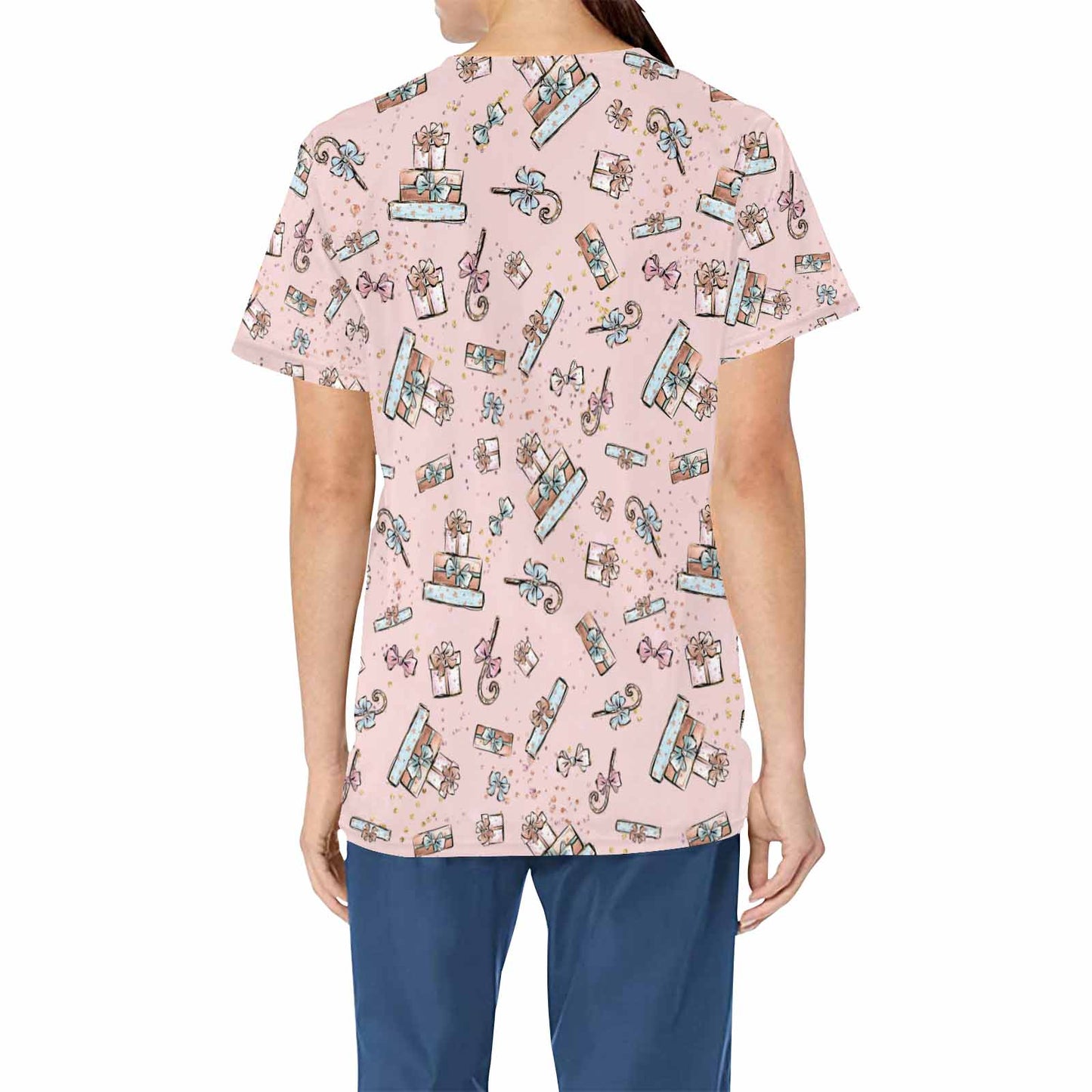Pink Christmas Presents  Women's V Neck Scrub Top Nurse Uniform with Deep Front Pockets