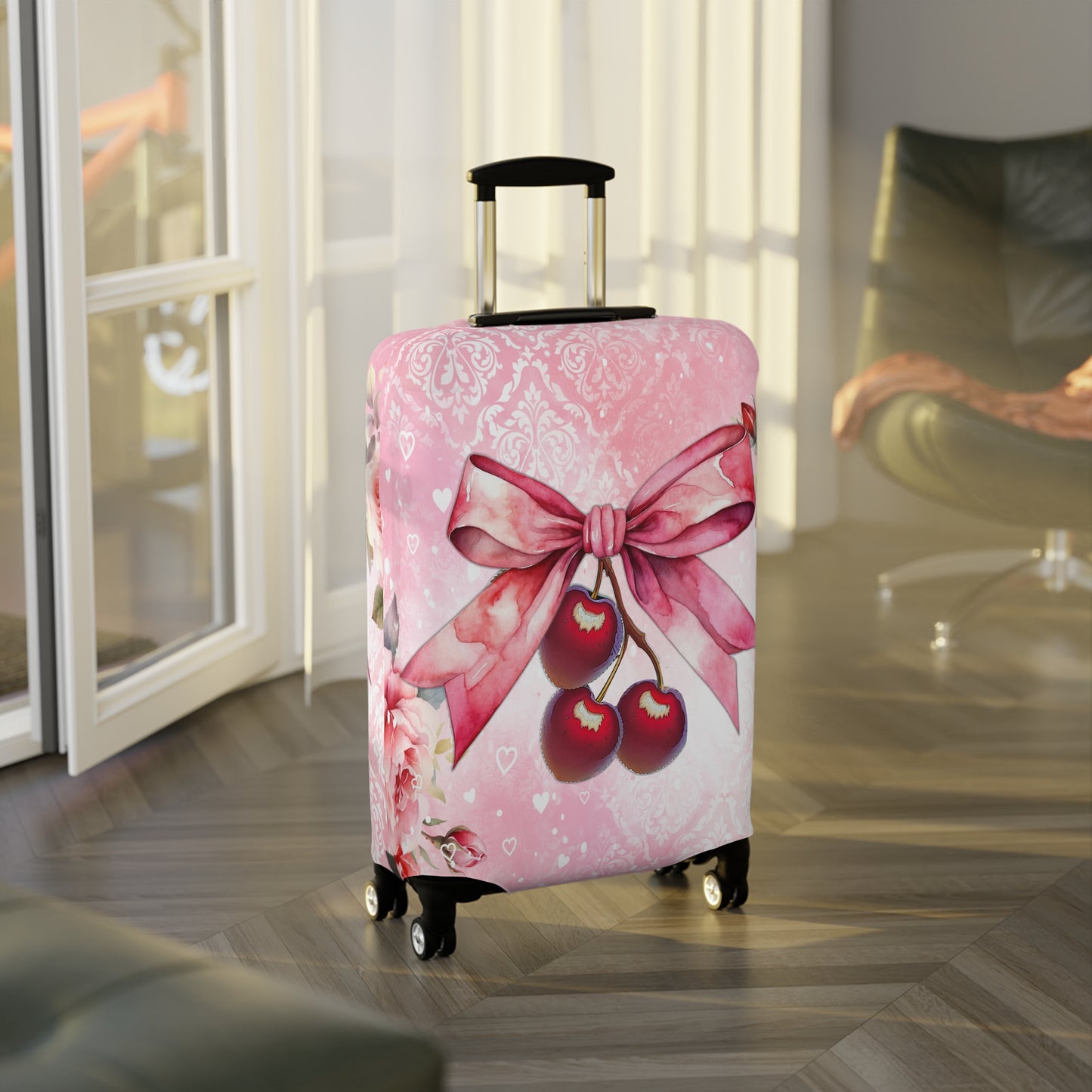 Luggage Cover, Rockabilly, Coquette, Pink Watercolour, Roses, Cherries and Ribbon, awd-2520