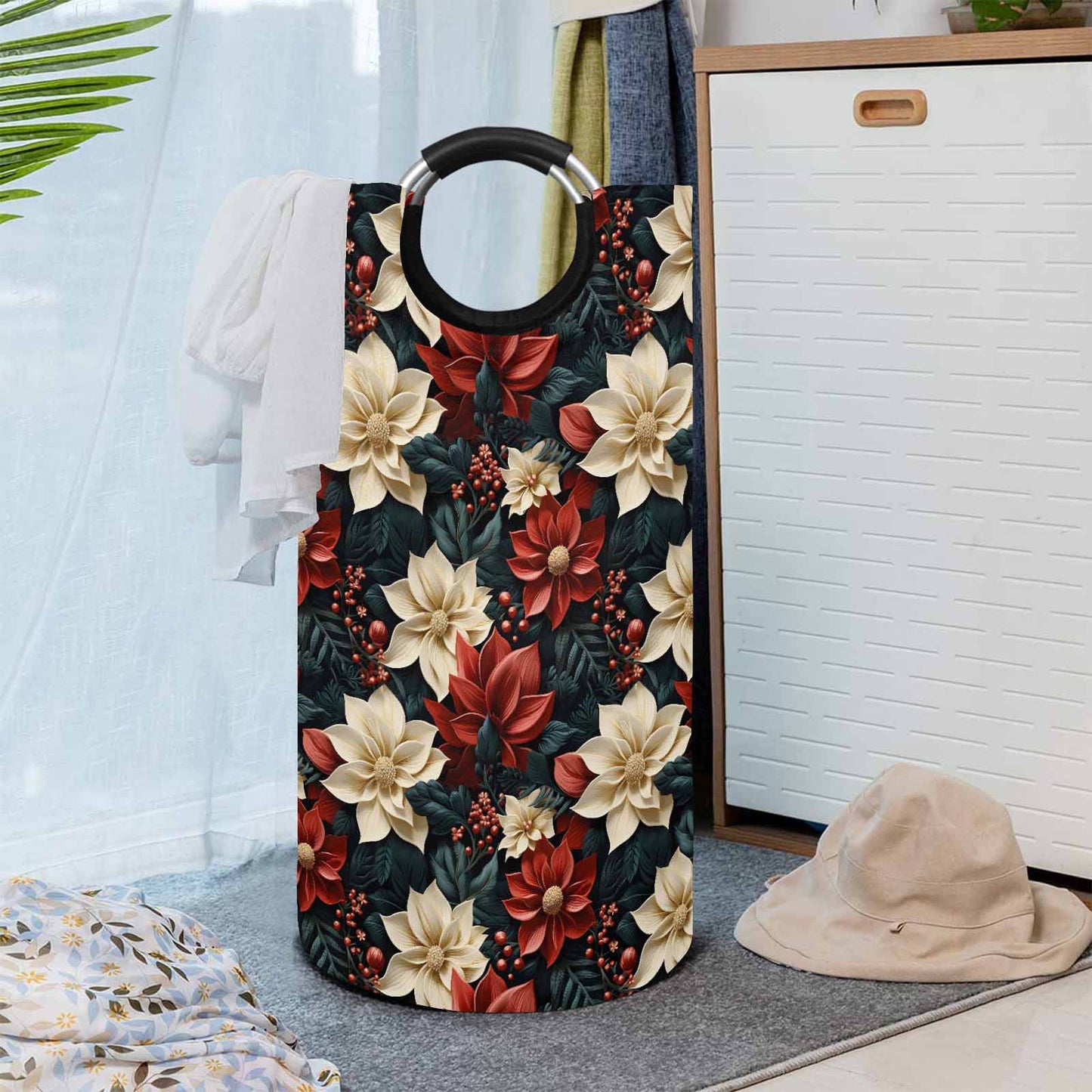 Red Poinsettia  Round Laundry Basket