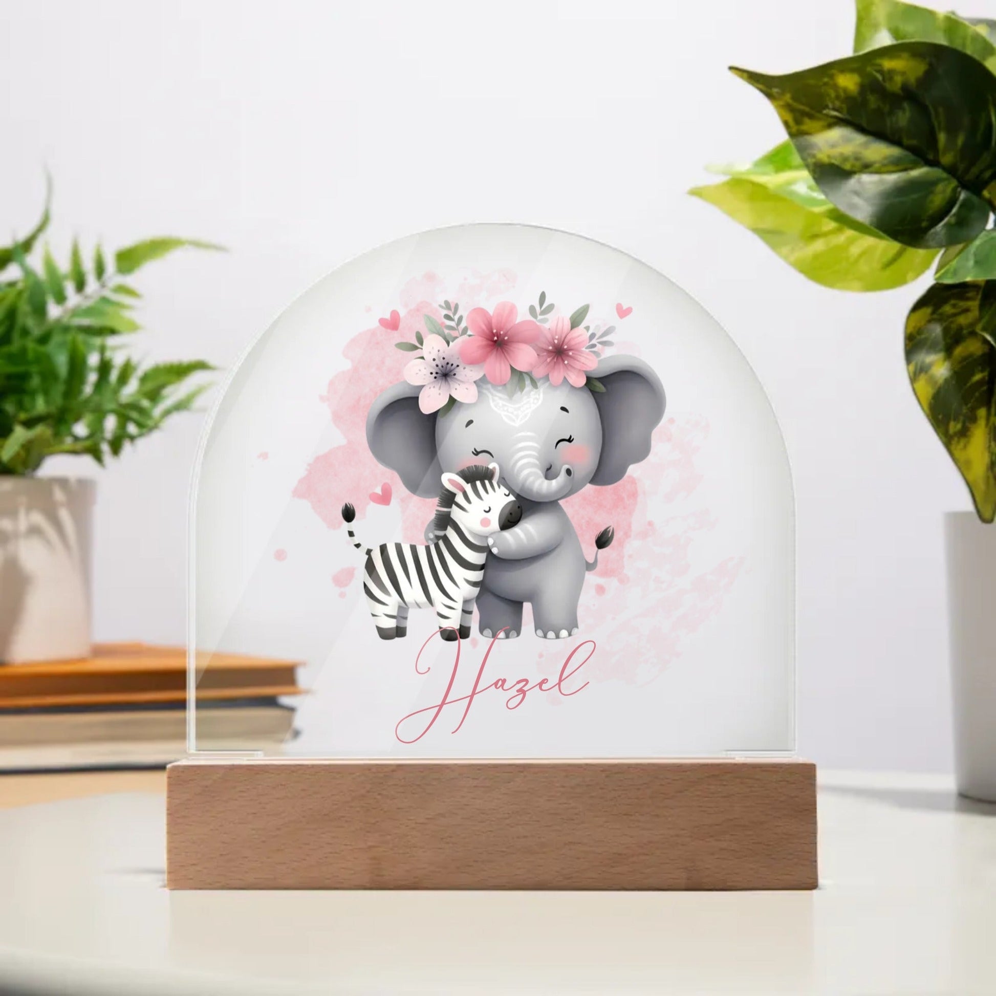 Personalised Elephant and Zebra Acrylic Dome Plaque Wooden Base Night Light