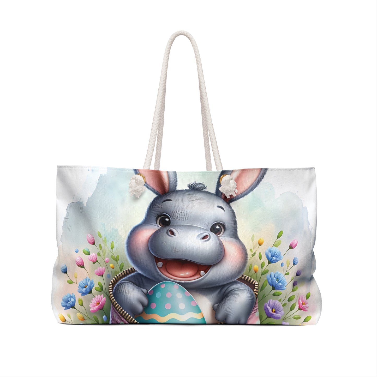 Personalised/Non-Personalised Weekender Bag, Easter, Cute Hippo, Large Weekender Bag, Beach Bag, Book Bag