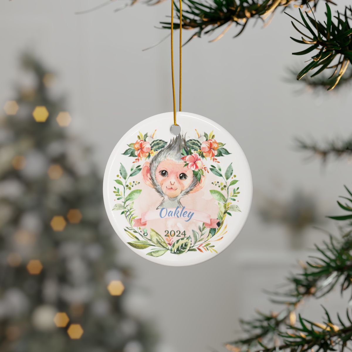 Personalized Monkey Ornament, Cute Animal Ceramic Keepsake, Baby's First Christmas Gift, Nursery Decor, Custom Name Decoration