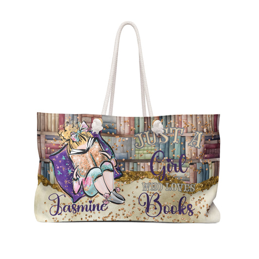 Personalised Weekender Bag, Just A Girl Who Loves Books, Blonde Hair, Large Weekender Bag, Beach Bag, Book Bag