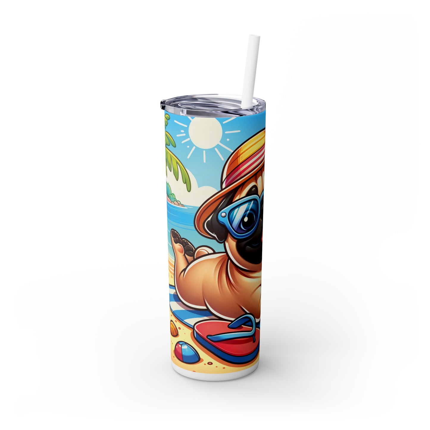 Skinny Tumbler with Straw, 20oz, Dog on Beach, Pug, awd-1236