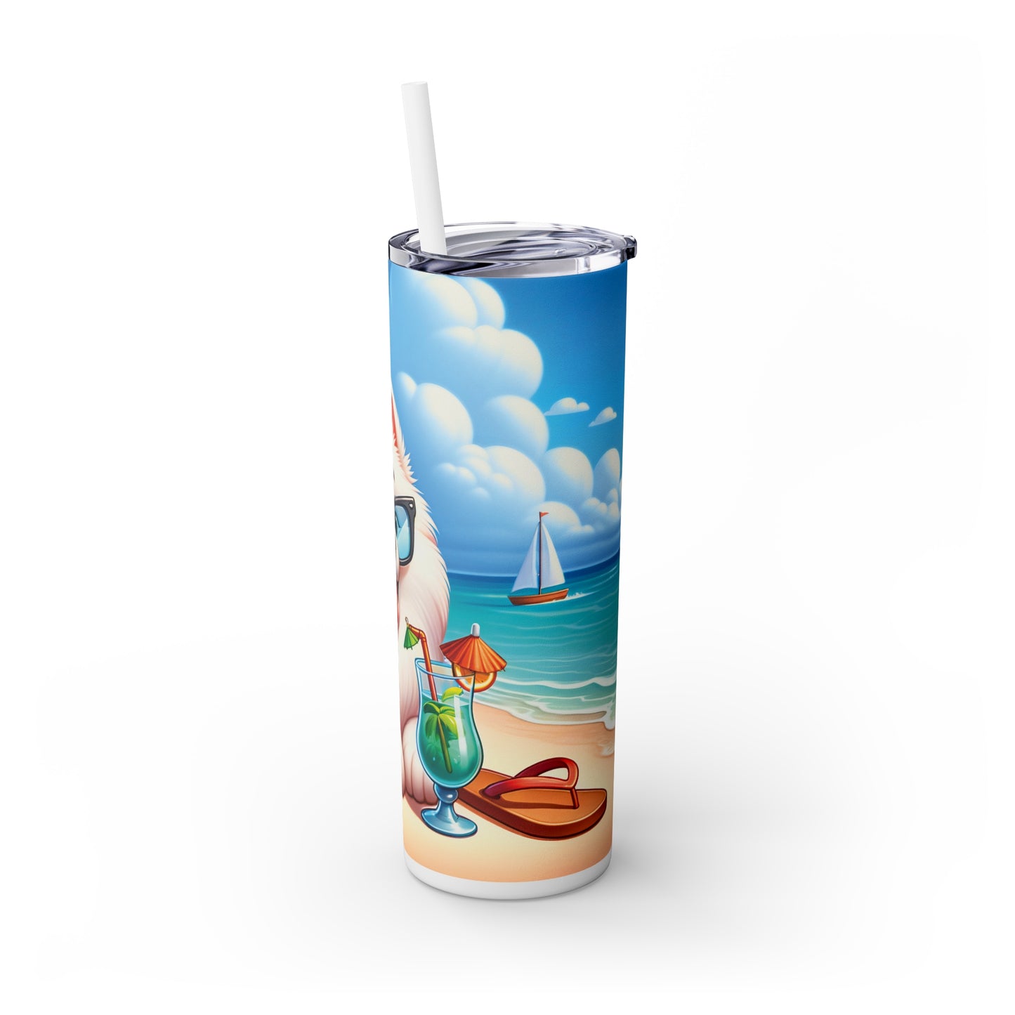 Skinny Tumbler with Straw, 20oz, Dog on Beach, Samoyed, awd-1240