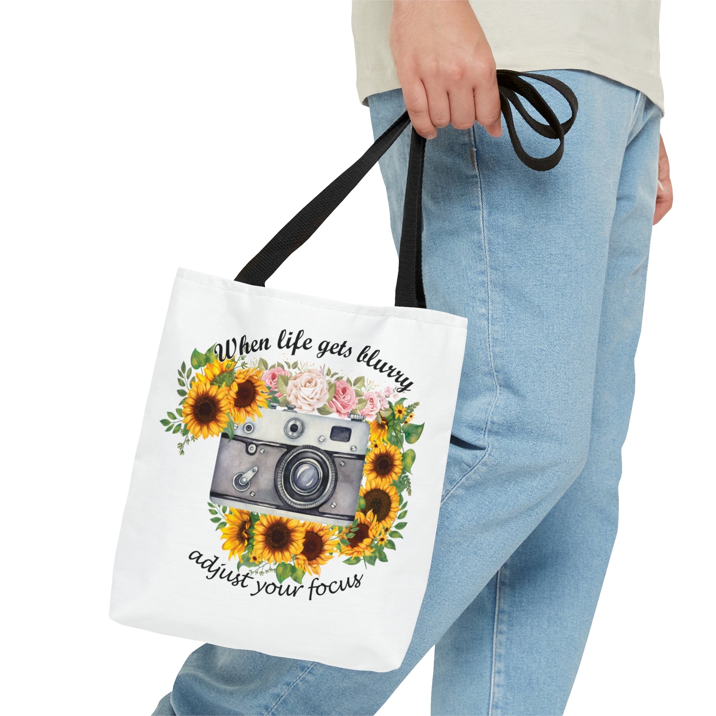 Personalised/Non-Personalised Tote Bag, Sunflower, Camera, When Life gets Blurry adjust your Focus, Tote bag
