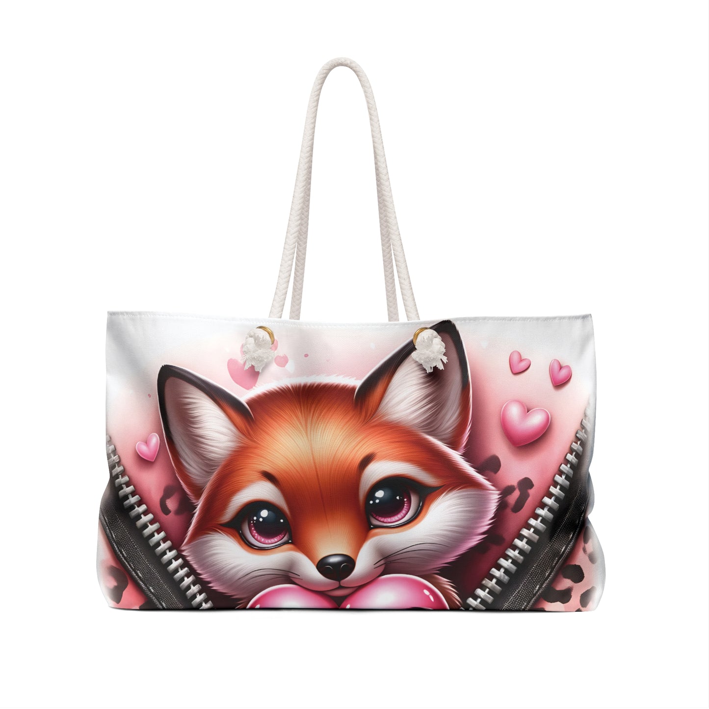 Personalised/Non-Personalised Weekender Bag, Cute Fox, Zipper, Valentines Day, Large Weekender Bag, Beach Bag, Book Bag