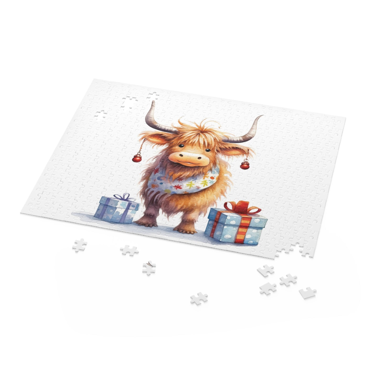 Personalised/Non-Personalised Puzzle, Christmas Highland Cow (120, 252, 500-Piece)