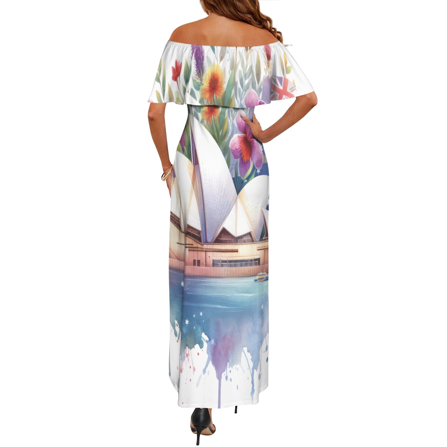 Sydney Harbour Bridge Australia awd1313 Women's Off Shoulder Ruffle Boat Neck Dress (Model D71)