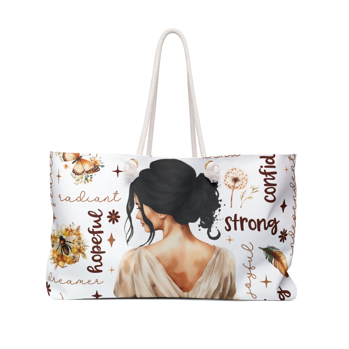 Personalised/Non-Personalised Weekender Bag, Lady Black Hair, Affirmations, Large Weekender Bag, Beach Bag, Book Bag