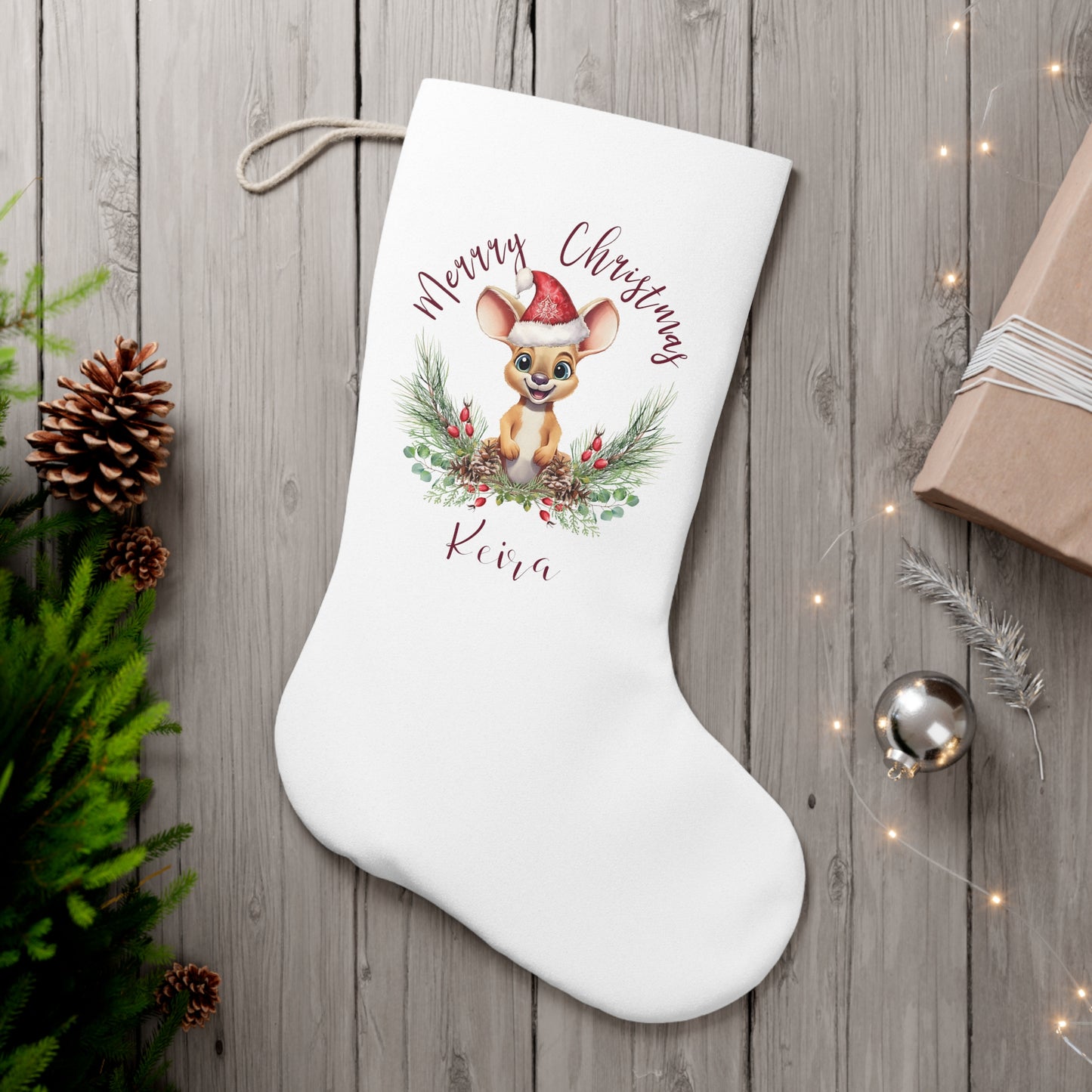 Personalised Santa Stocking, Australian Animals Poinsettia, Kangaroo