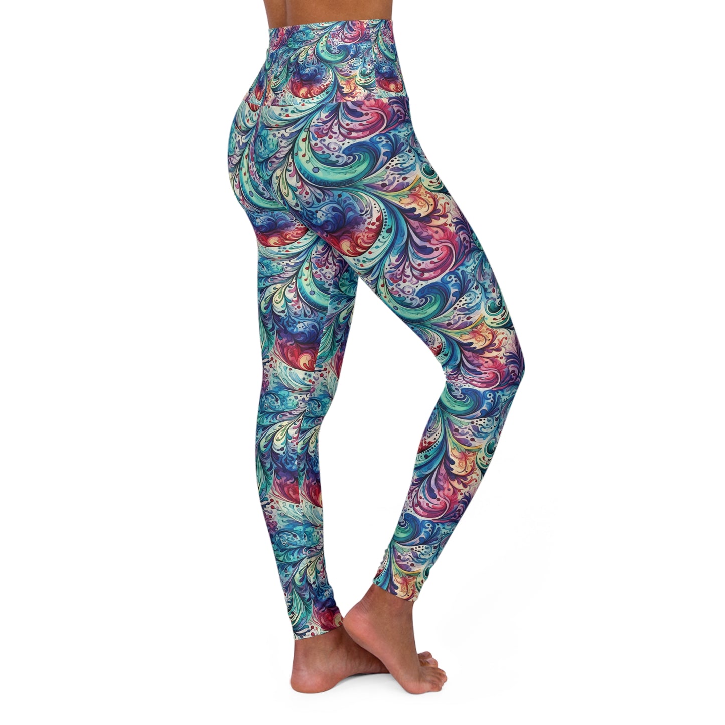 High Waisted Yoga Legging, Navy Blue Paisley