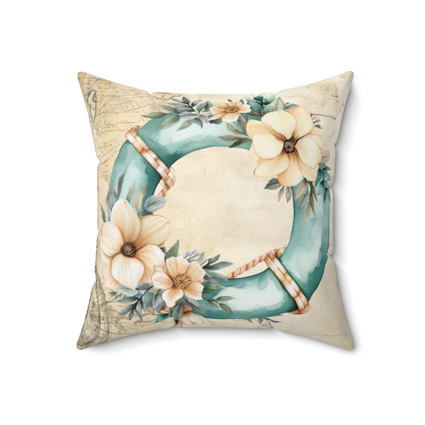 Nautical Polyester Square Cushion, Nautical cushion, Natural Floral Wreath