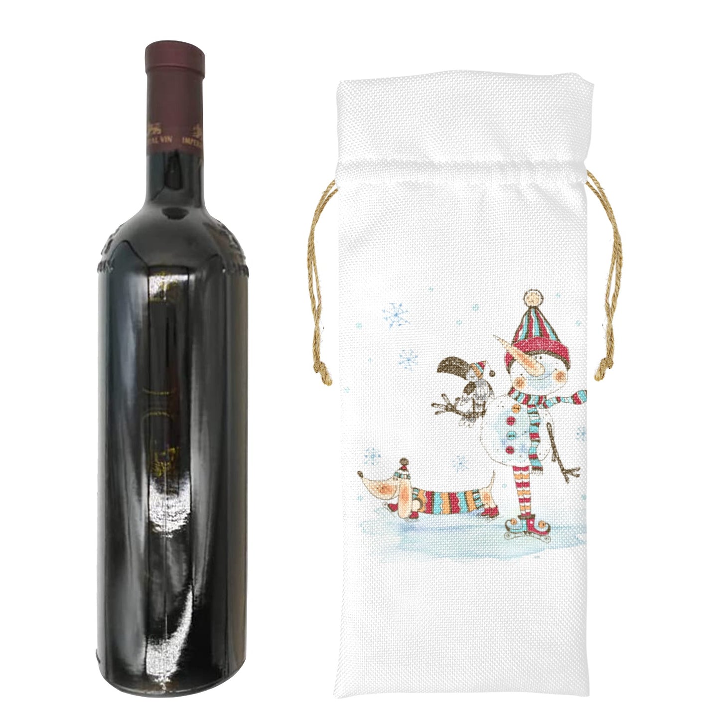 Whimsical Snowman and Dashund Linen Wine Bottle Bag