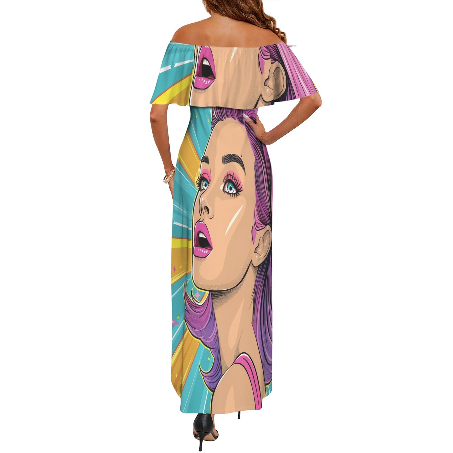 Pop art awd710 Women's Off Shoulder Ruffle Boat Neck Dress (Model D71)