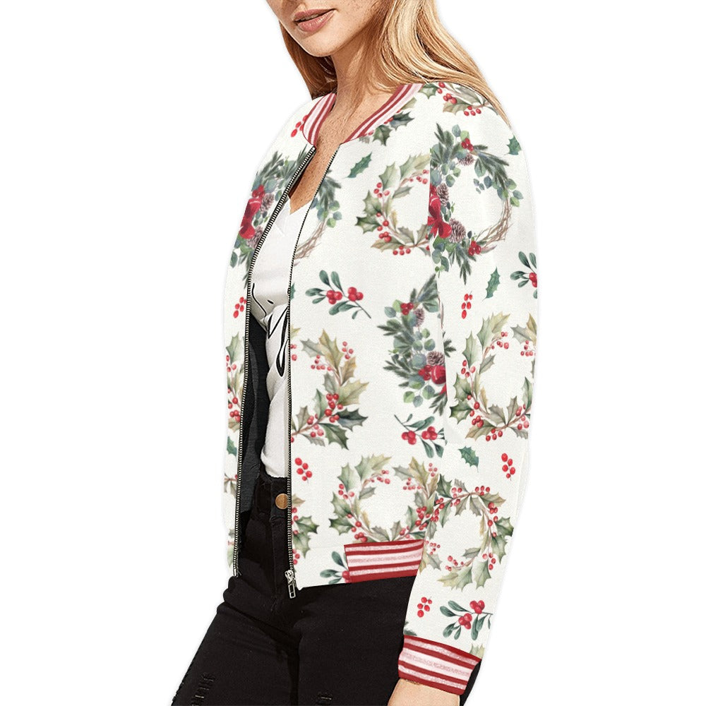 Christmas Wreath Pattern Bomber Jacket for Women