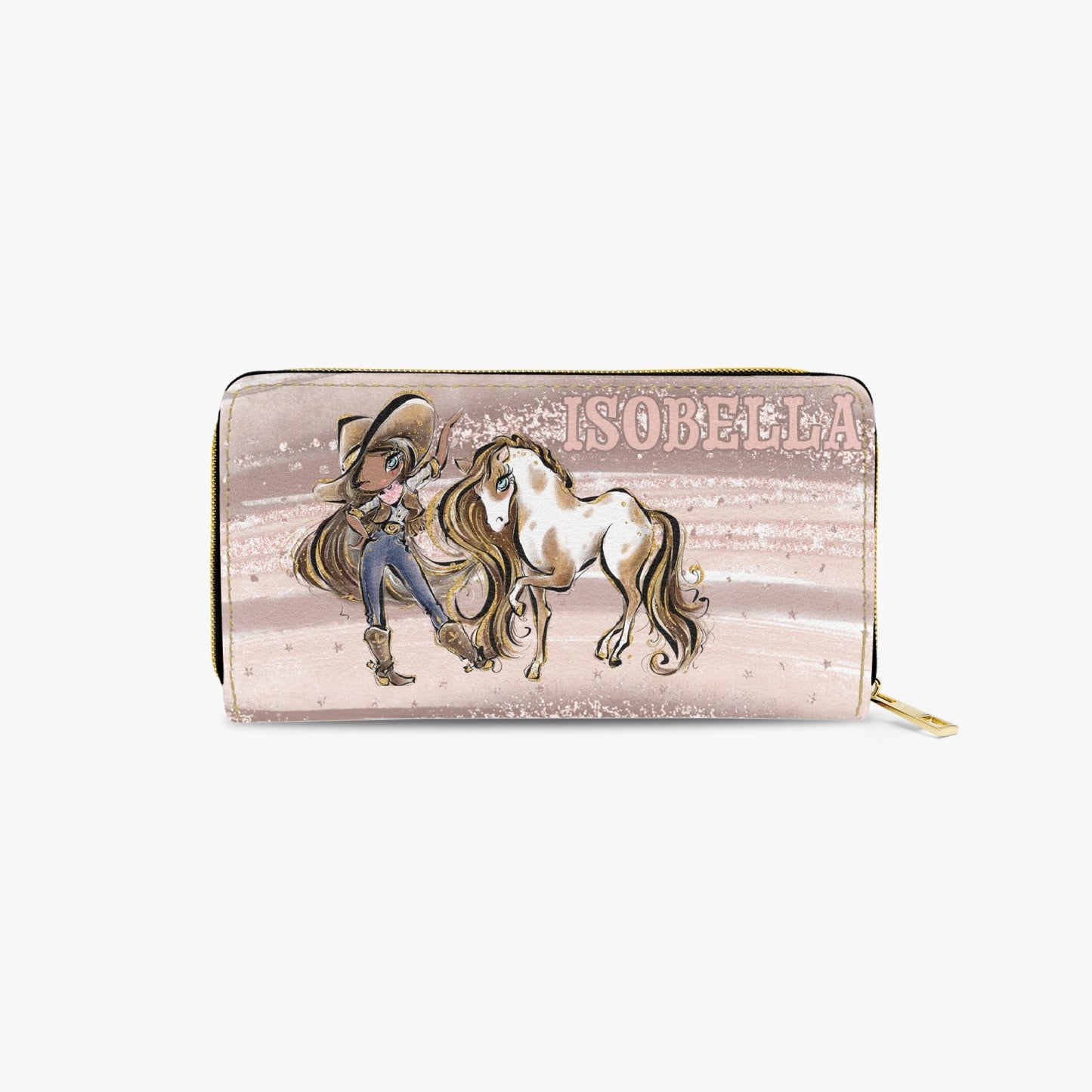 Long Type Zipper Purse, Howdy, Cowgirl & Horse, Olive Skin Blue Eyes, Personalised