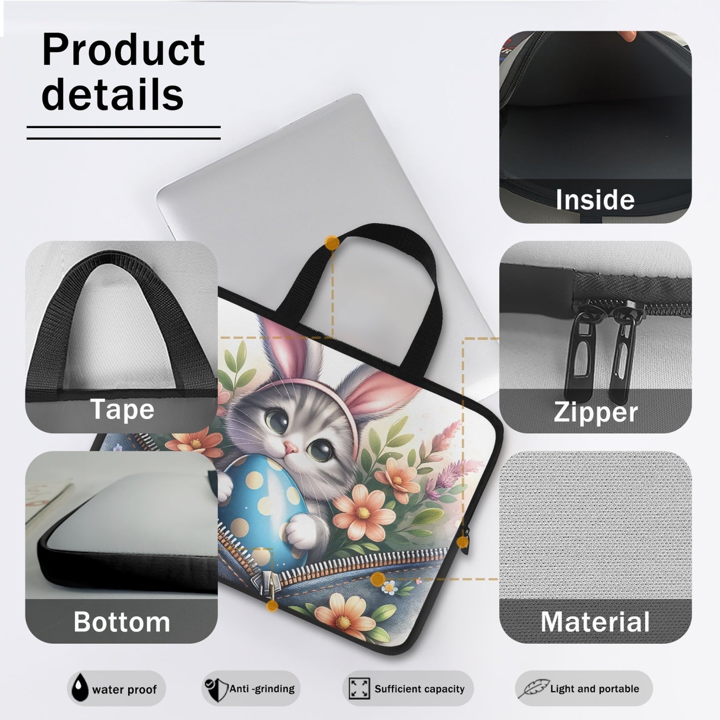 Laptop Sleeve with handles - Easter - Cat with Bunny Ears