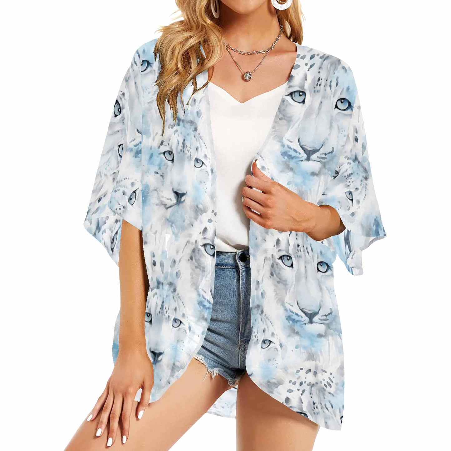 White Leopard Women's Kimono Chiffon Cover Up