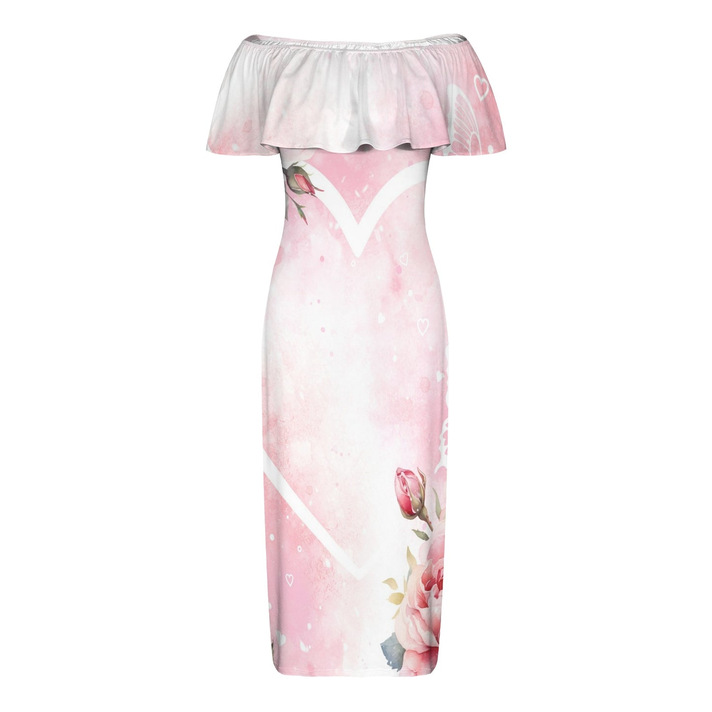 Roses Heart Women's Off Shoulder Ruffle Boat Neck Dress (Model D71)