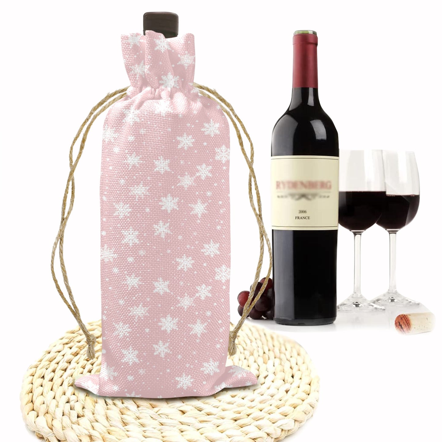 Pink Snowflakes Linen Wine Bottle Bag