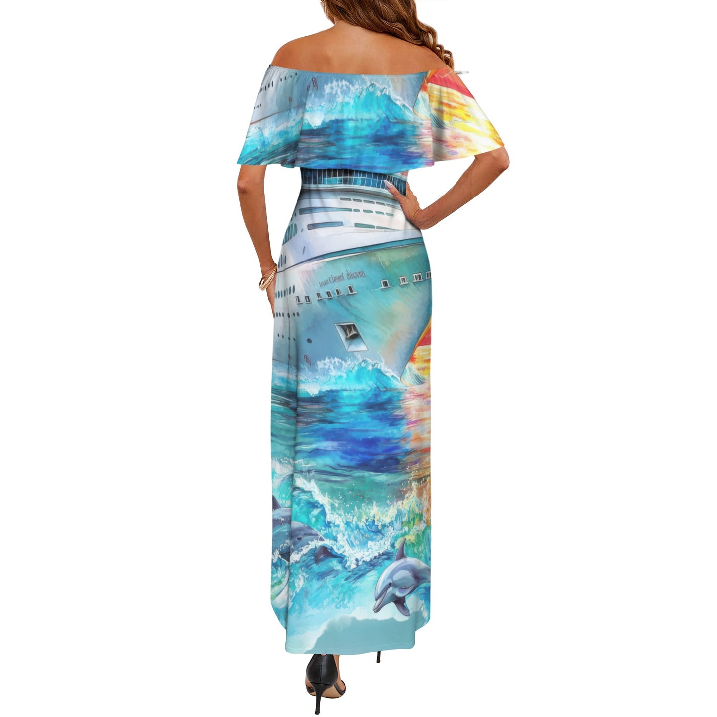 rock the boat Women's Off Shoulder Ruffle Boat Neck Dress (Model D71)