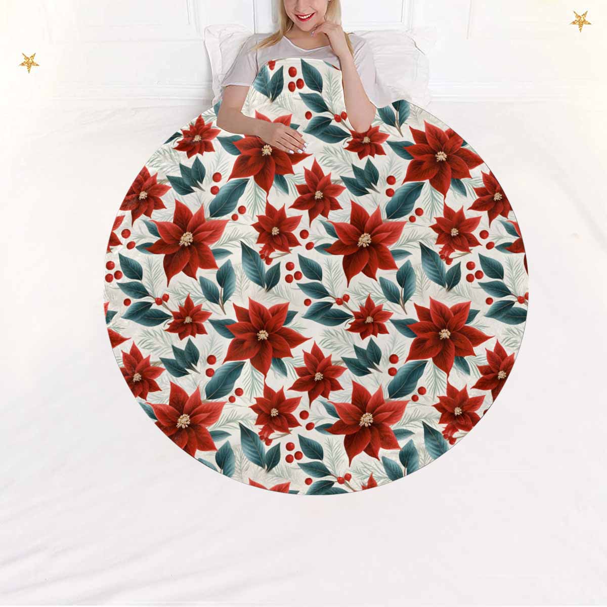 Christmas Red Poinsettia  Circular Micro Fleece Blanket 60"