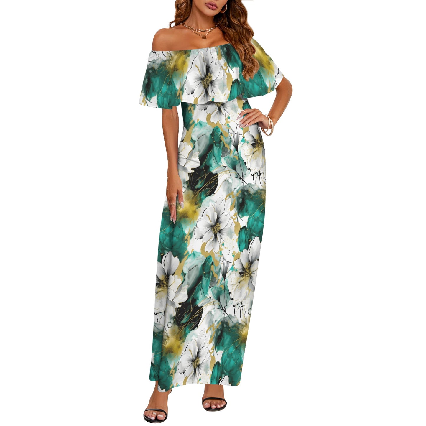 Green and White Ink Floral Women's Off Shoulder Ruffle Boat Neck Dress (Model D71)