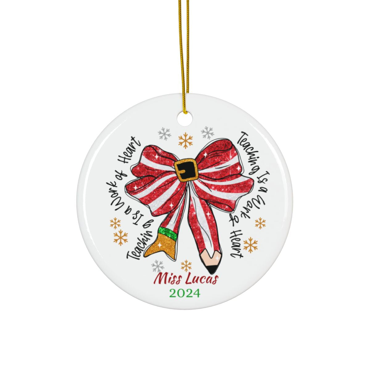 Christmas Teacher Bow Personalised Ceramic Ornament