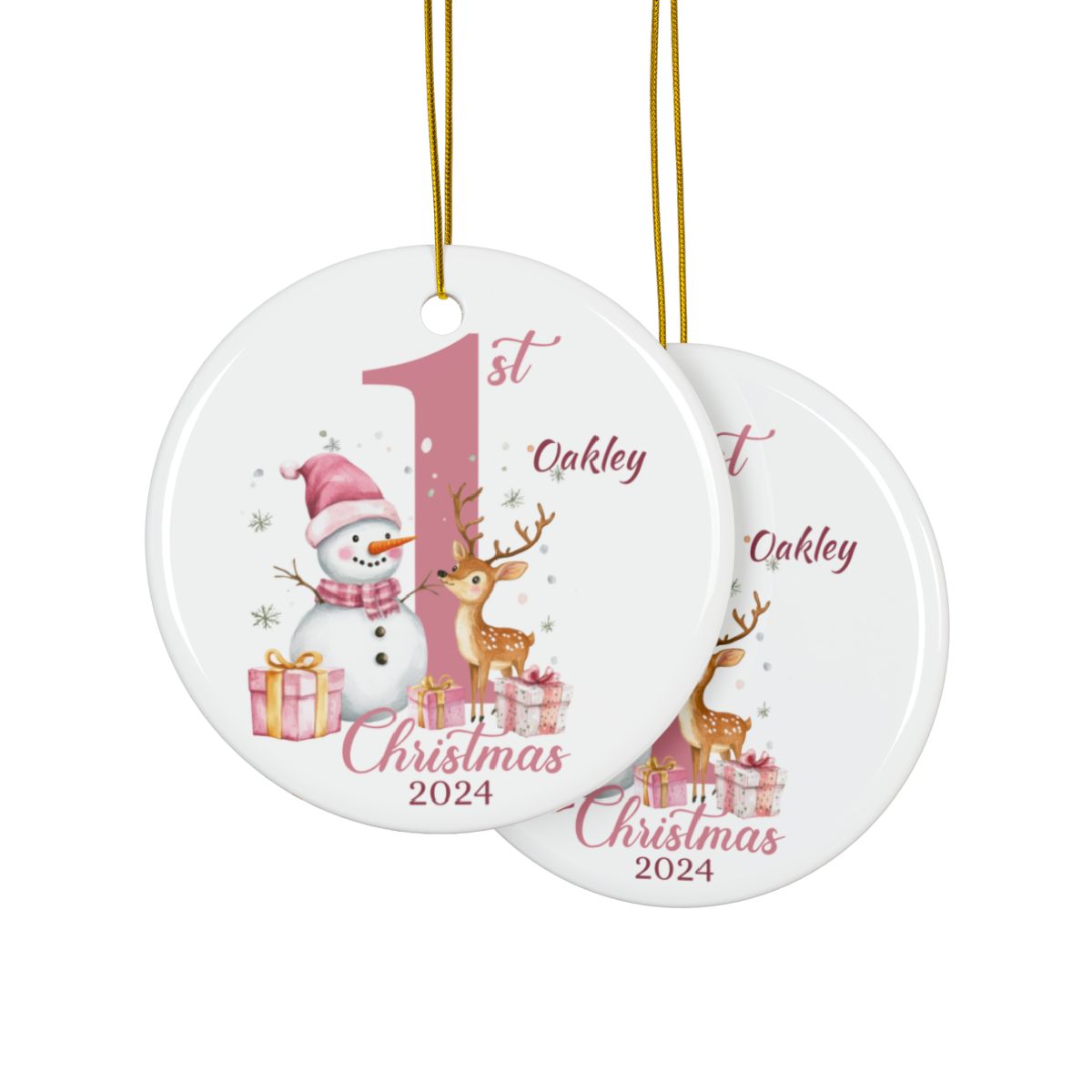 Personalized Baby's First Christmas Ornament, Pink Snowman Ceramic Keepsake