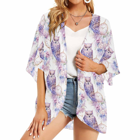 Pastel Owls Women's Kimono Chiffon Cover Up