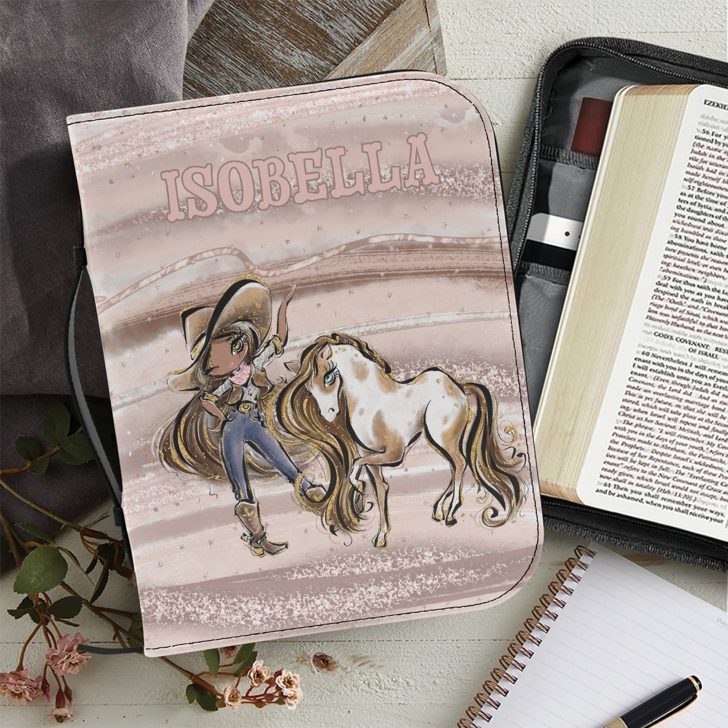 Book/Bible Cover, Howdy, Cowgirl and Horse, Brunette Hair, Olive Skin, Brown Eyes