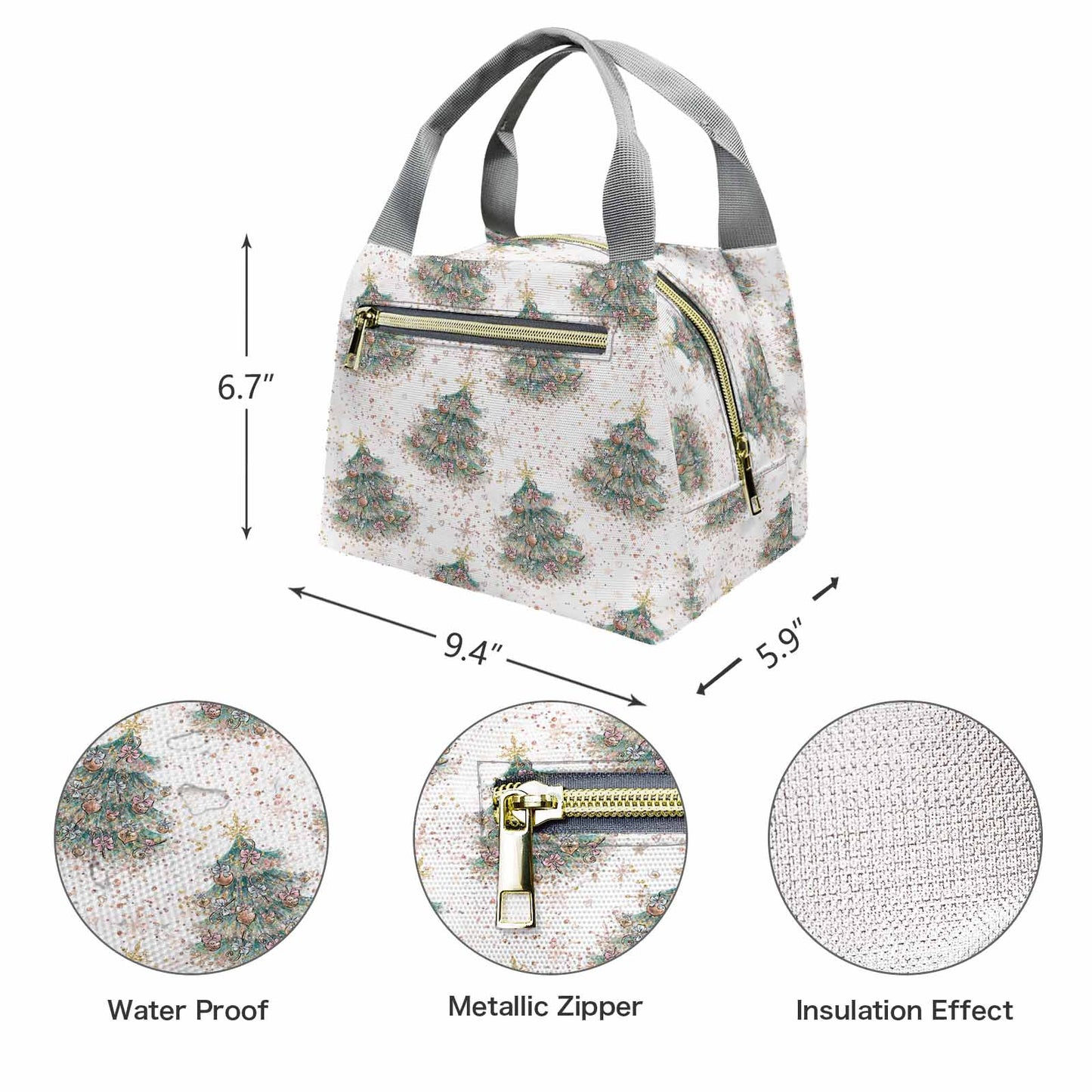 White Christmas Tree  Portable Lunch Bag-Grey Handle