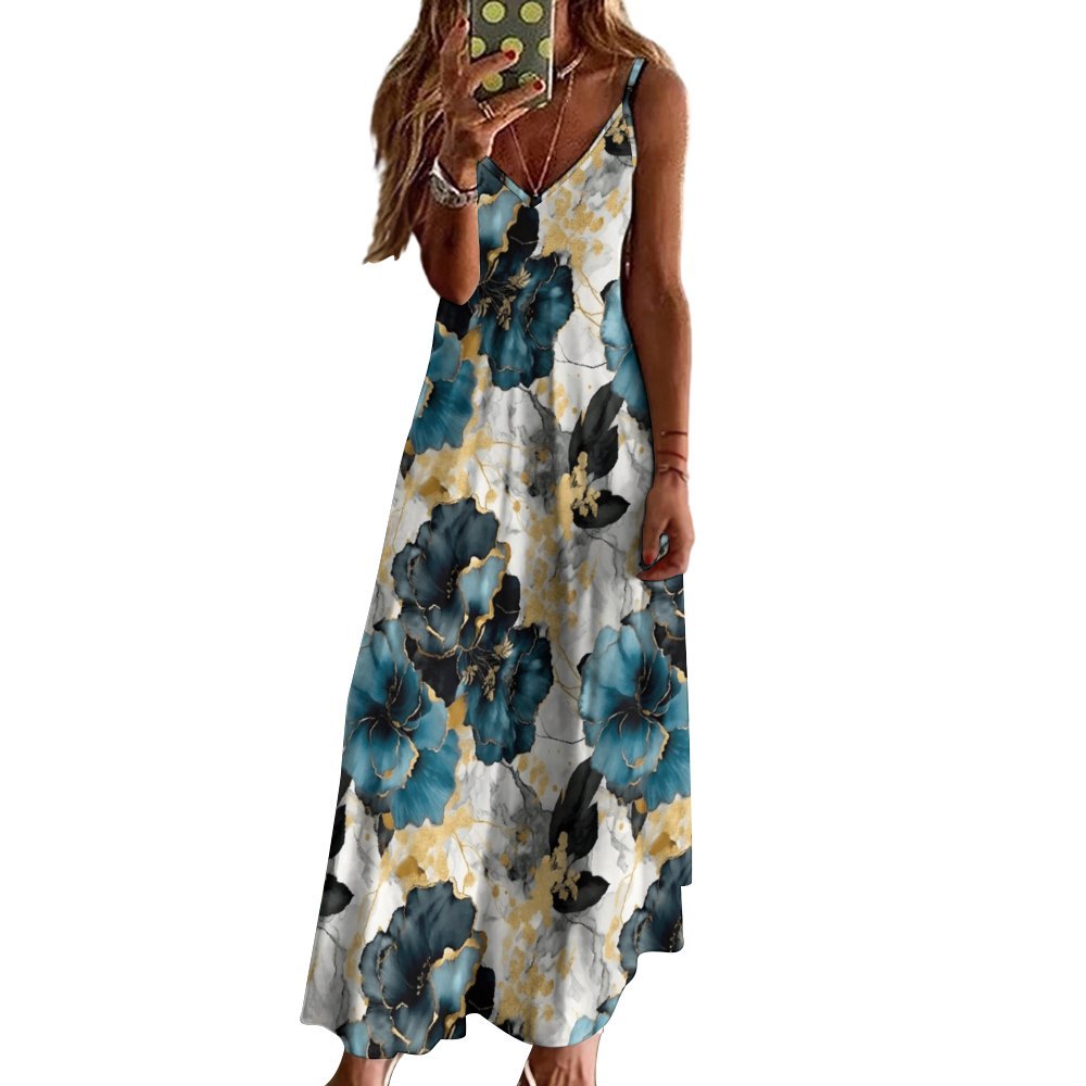 Alcohol Ink Floral Spaghetti Strap Ankle-Length Dress Long dress