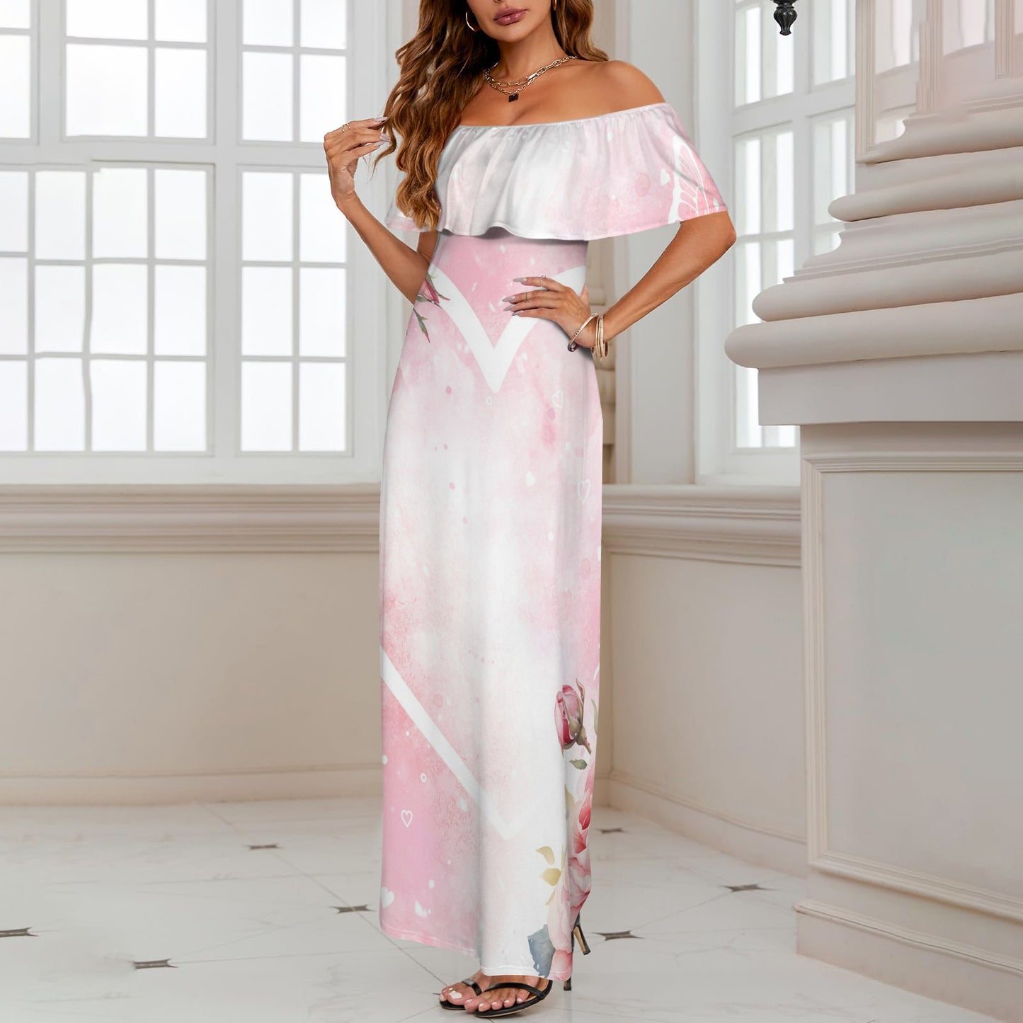 Roses Heart Women's Off Shoulder Ruffle Boat Neck Dress (Model D71)