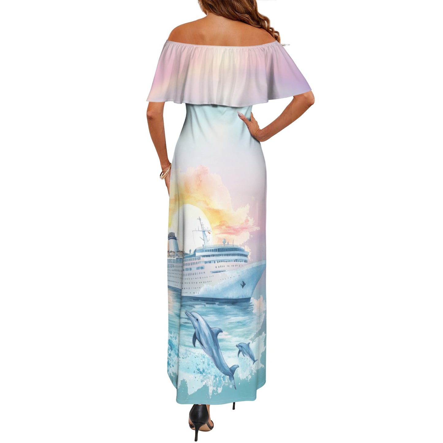 Cruise Women's Off Shoulder Ruffle Boat Neck Dress (Model D71)