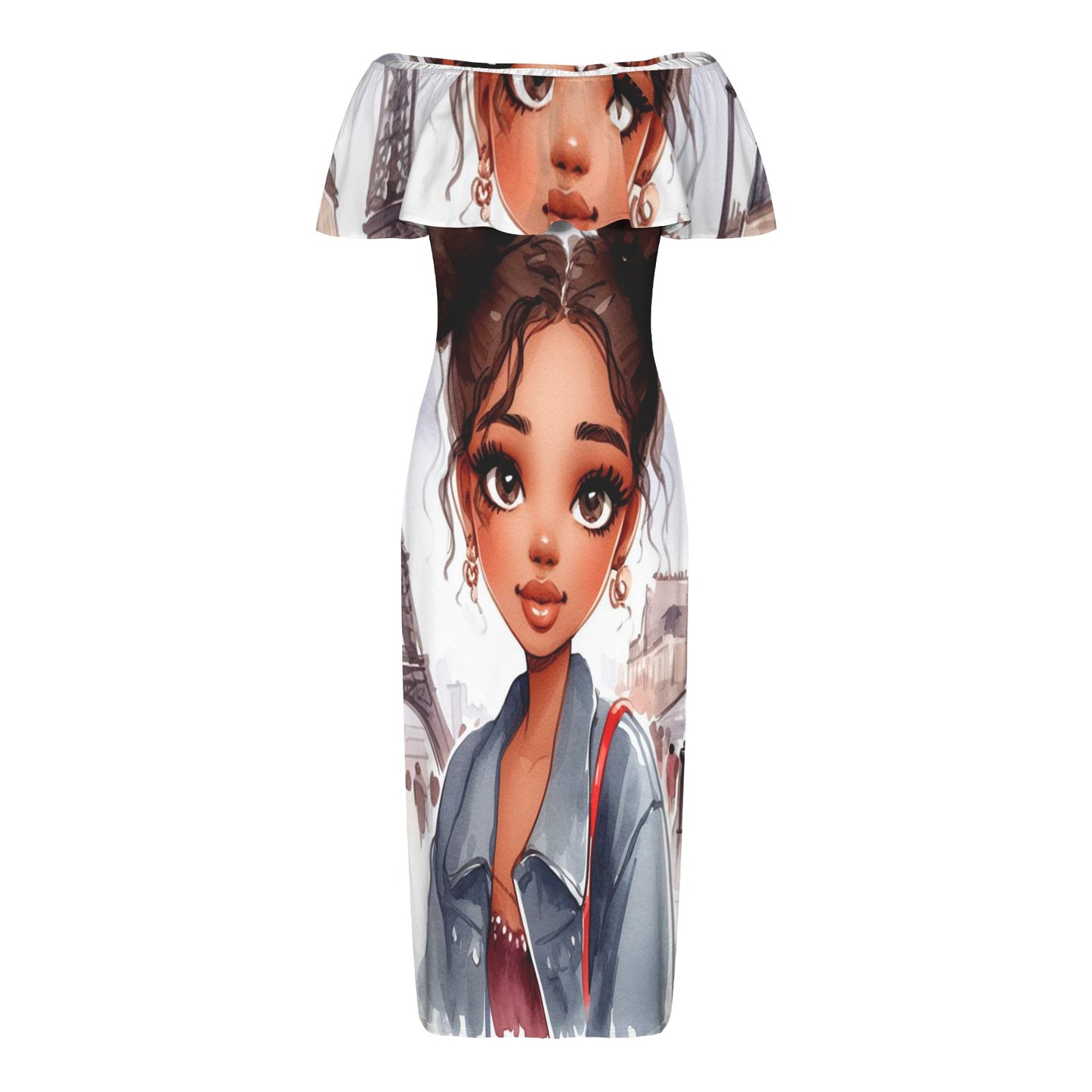 Girl 3 Women's Off Shoulder Ruffle Boat Neck Dress (Model D71)