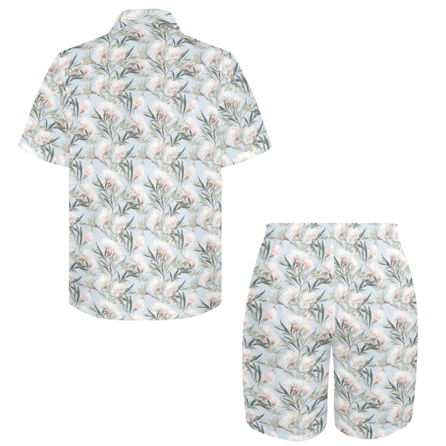 Men's Shirt & Shorts Set Boho Australian Flowers Blue Men's Shirt and Shorts Outfit (Set26)